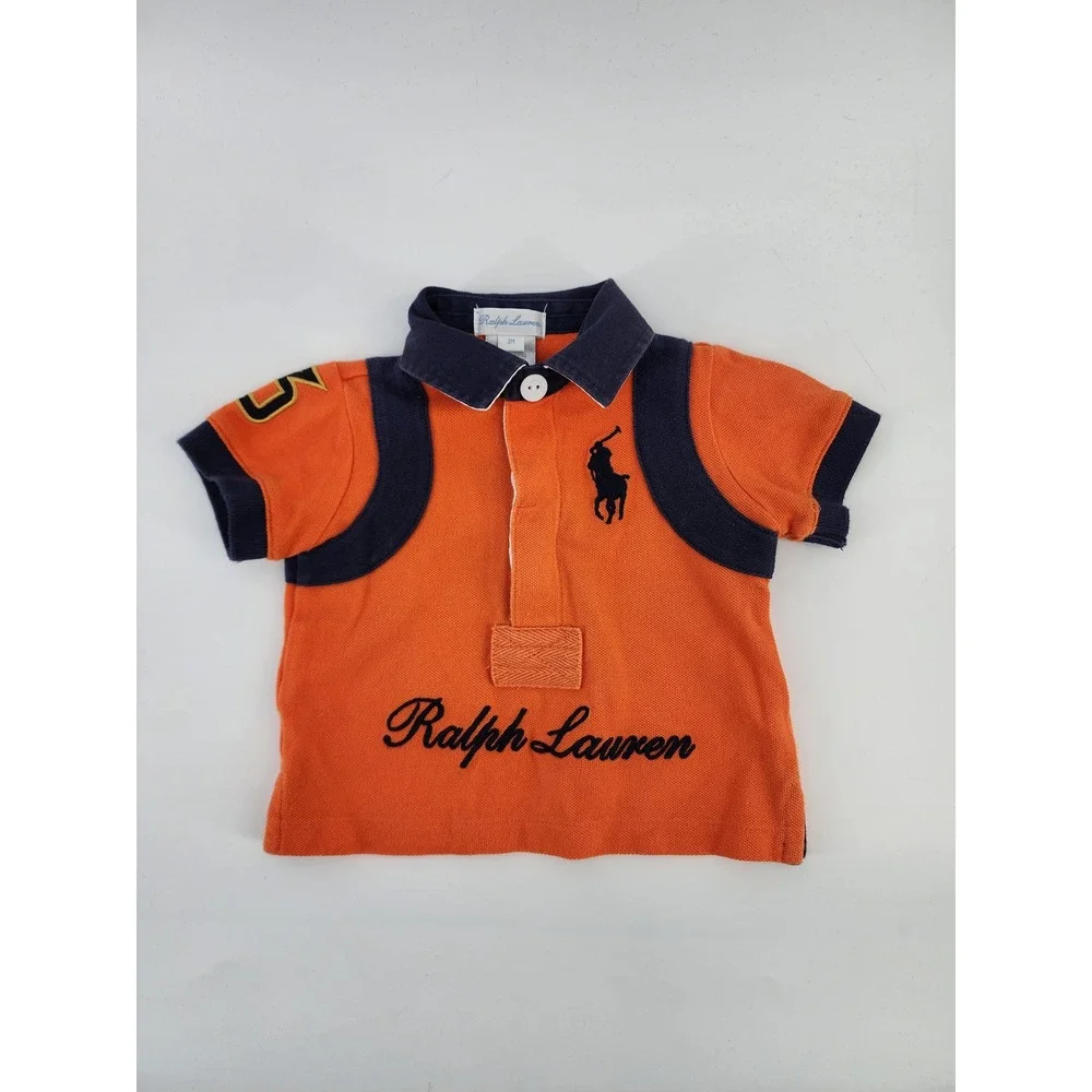 Ralph Lauren Baby Boy Orange Big Pony Polo Shirt Navy Blue Trim Size 3M